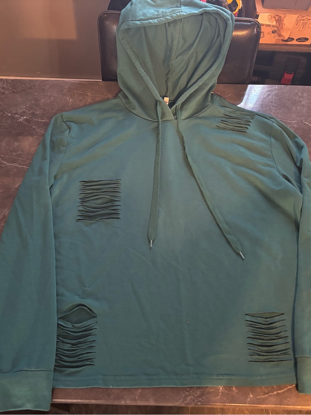 Women's Teal Distressed Hooded Pullover Sweatshirt